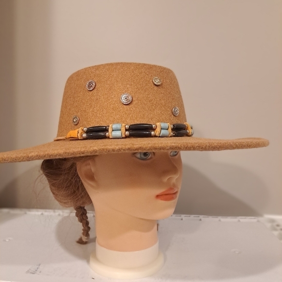 Upscaled Camel Color Wool Blend Hat With Handmade Leather Beaded Hatband - Picture 2 of 4